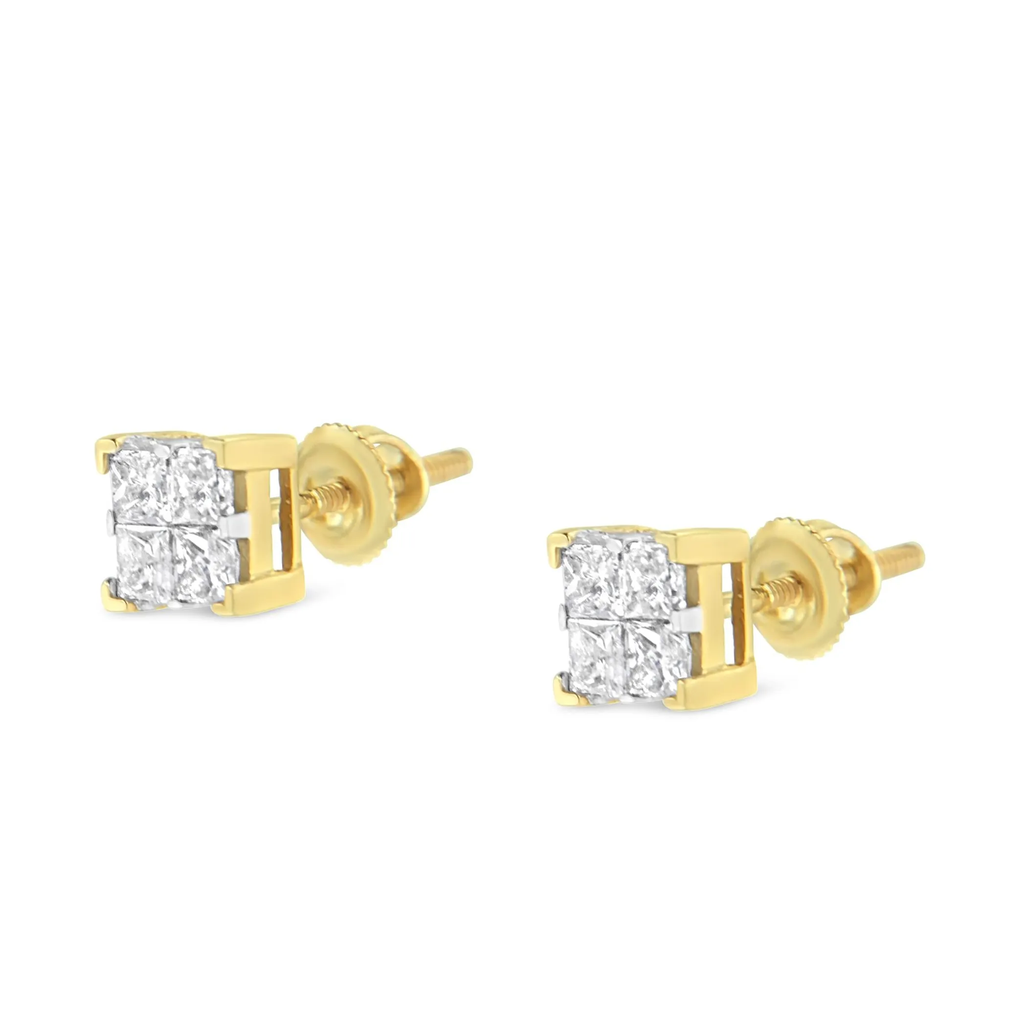 10K Yellow Gold 3/4 Cttw Invisible Set Princess-Cut Diamond Composite Square Stud Earrings (I-J Color, I2-I3 Clarity)