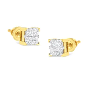 10K Yellow Gold 3/4 Cttw Invisible Set Princess-Cut Diamond Composite Square Stud Earrings (I-J Color, I2-I3 Clarity)