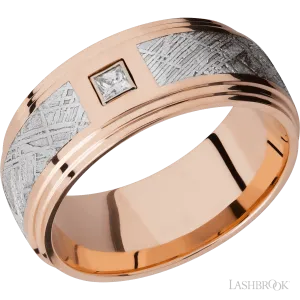 14K Rose Gold flat band with a double grooved edge, a meteorite inlay and a princess cut diamond - 9MM