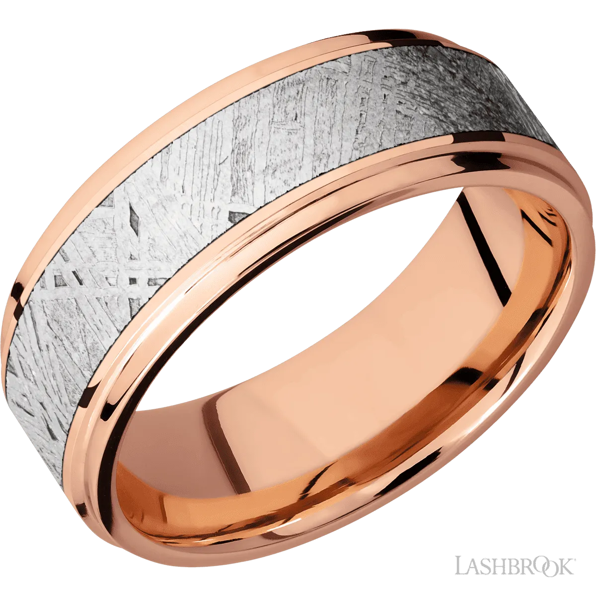 14K Rose Gold with Polish , Polish Finish and Meteorite Inlay - 8 MM