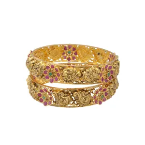 22K Yellow Gold & Gemstone Temple Bangle Set (54.3gm)