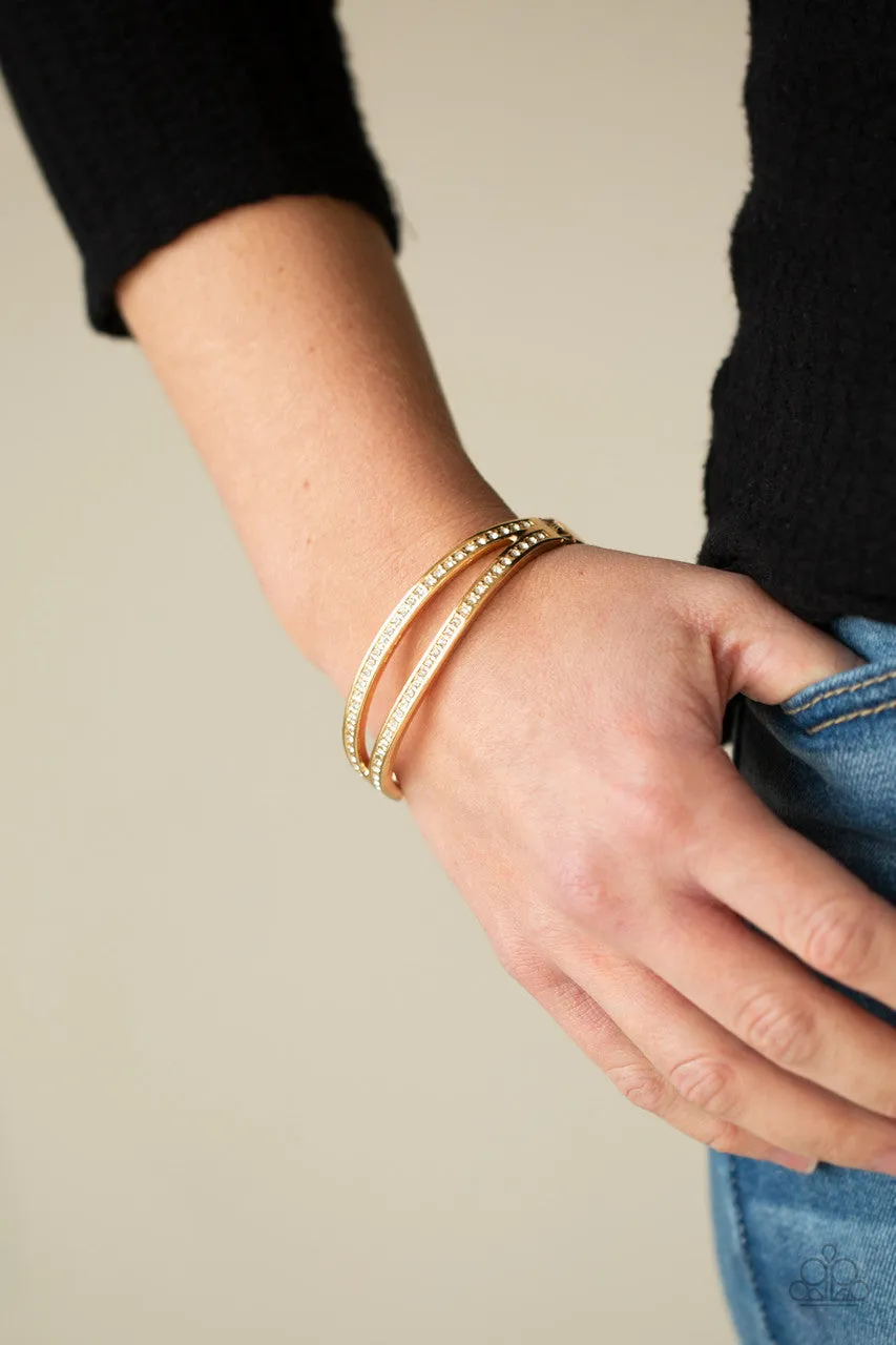 A Show of FIERCE - Gold - White Rhinestone Paparazzi Hinge Bracelet