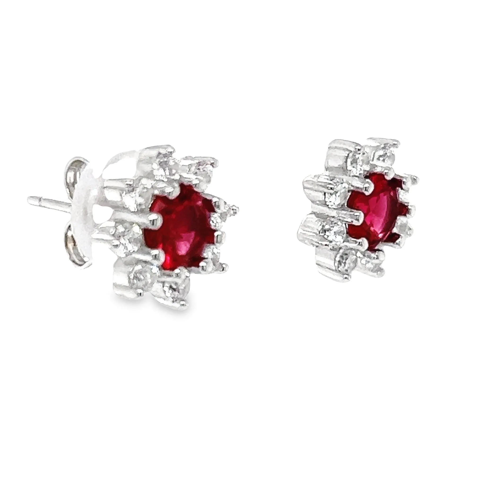 A788 Red Stone with CZ Flower Post Earrings