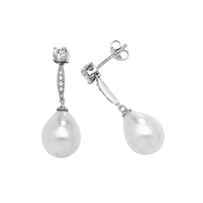 Acotis Silver Pearl Rhodium Drop Earrings with Zirconia Accents G51140