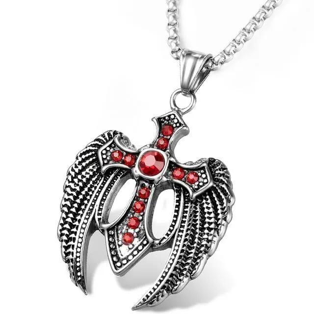 Angel Wings Steel Cross with Ruby Crystals and Chain Necklace