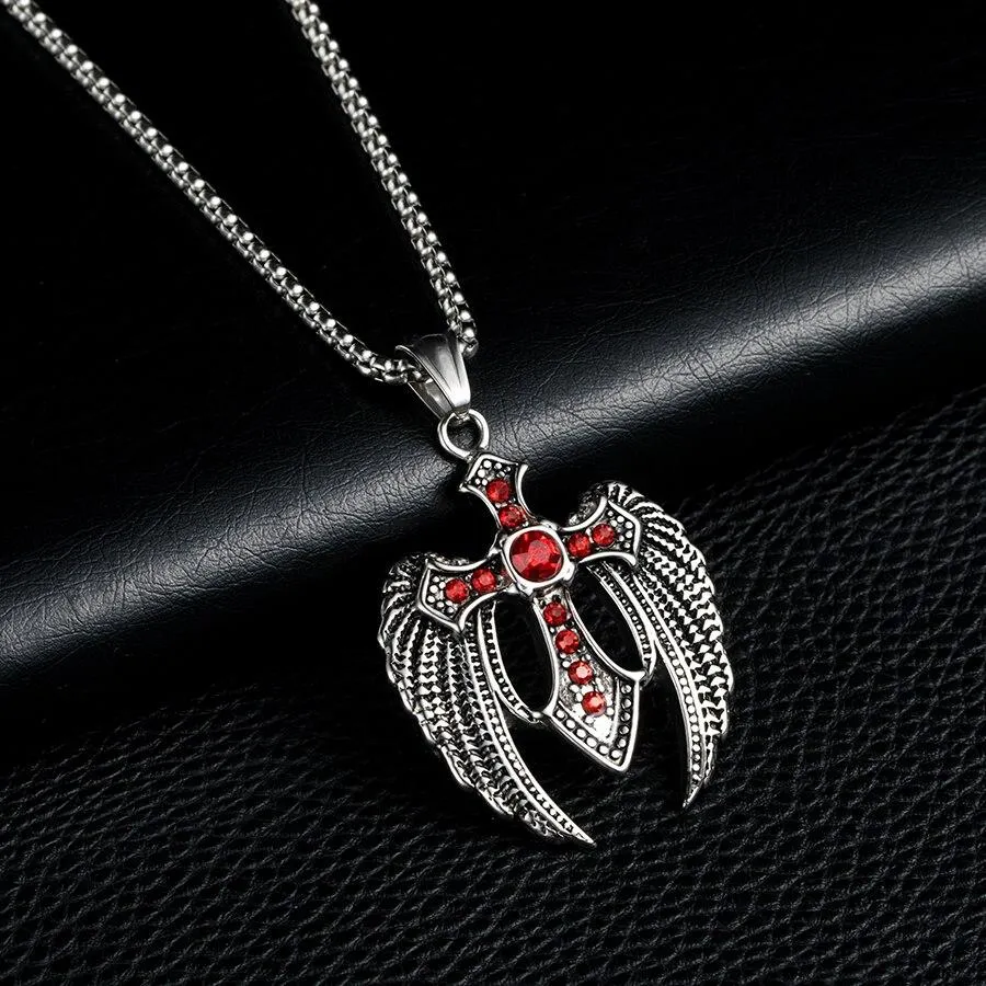 Angel Wings Steel Cross with Ruby Crystals and Chain Necklace