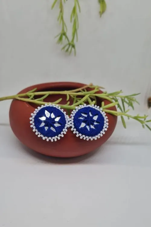 Antarang, Blue Stud Mirror Earings, 100% Cotton, Handmade By Divyang Rural Women