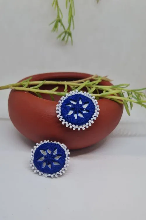 Antarang, Blue Stud Mirror Earings, 100% Cotton, Handmade By Divyang Rural Women