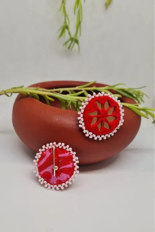 Antarang, Red Stud Mirror Earings, 100% Cotton, Handmade By Divyang Rural Women