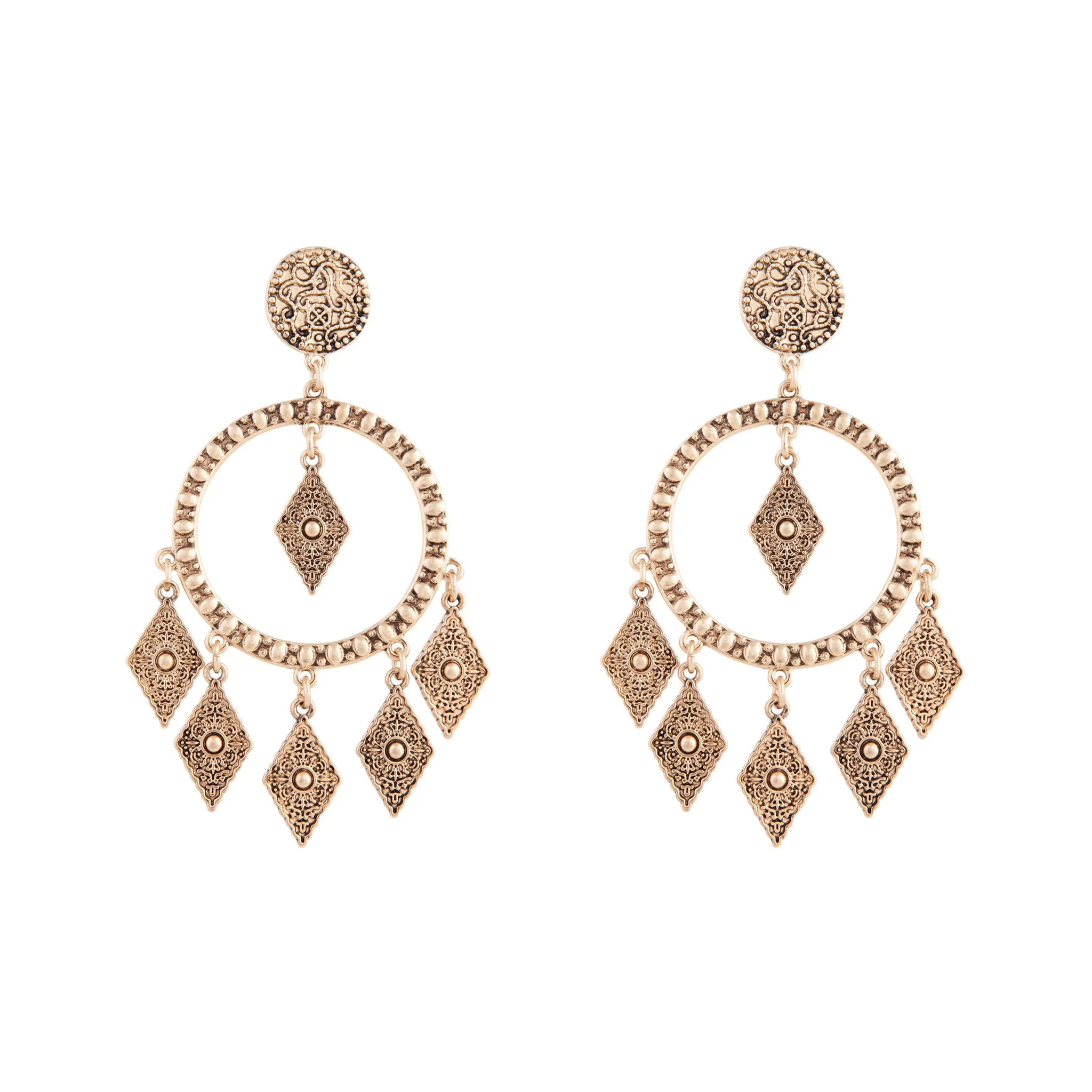 Antique Gold Textured Diamante Circle Earrings