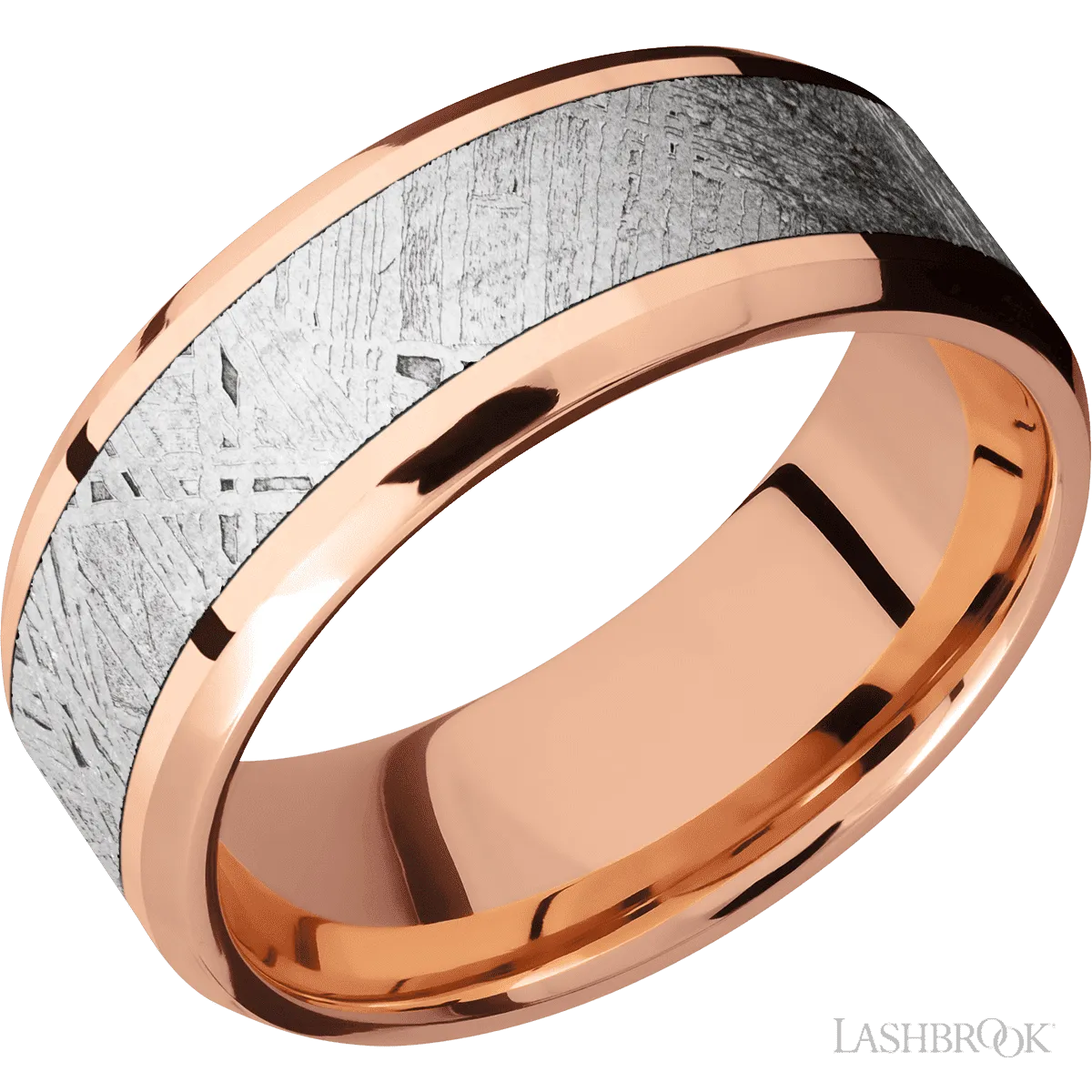 Beveled 14K Rose Gold with Polish , Polish Finish and Meteorite Inlay - 8MM