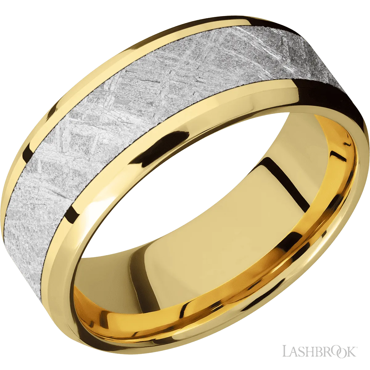 Beveled 14K Yellow Gold with Polish , Polish Finish and Meteorite Inlay - 8MM