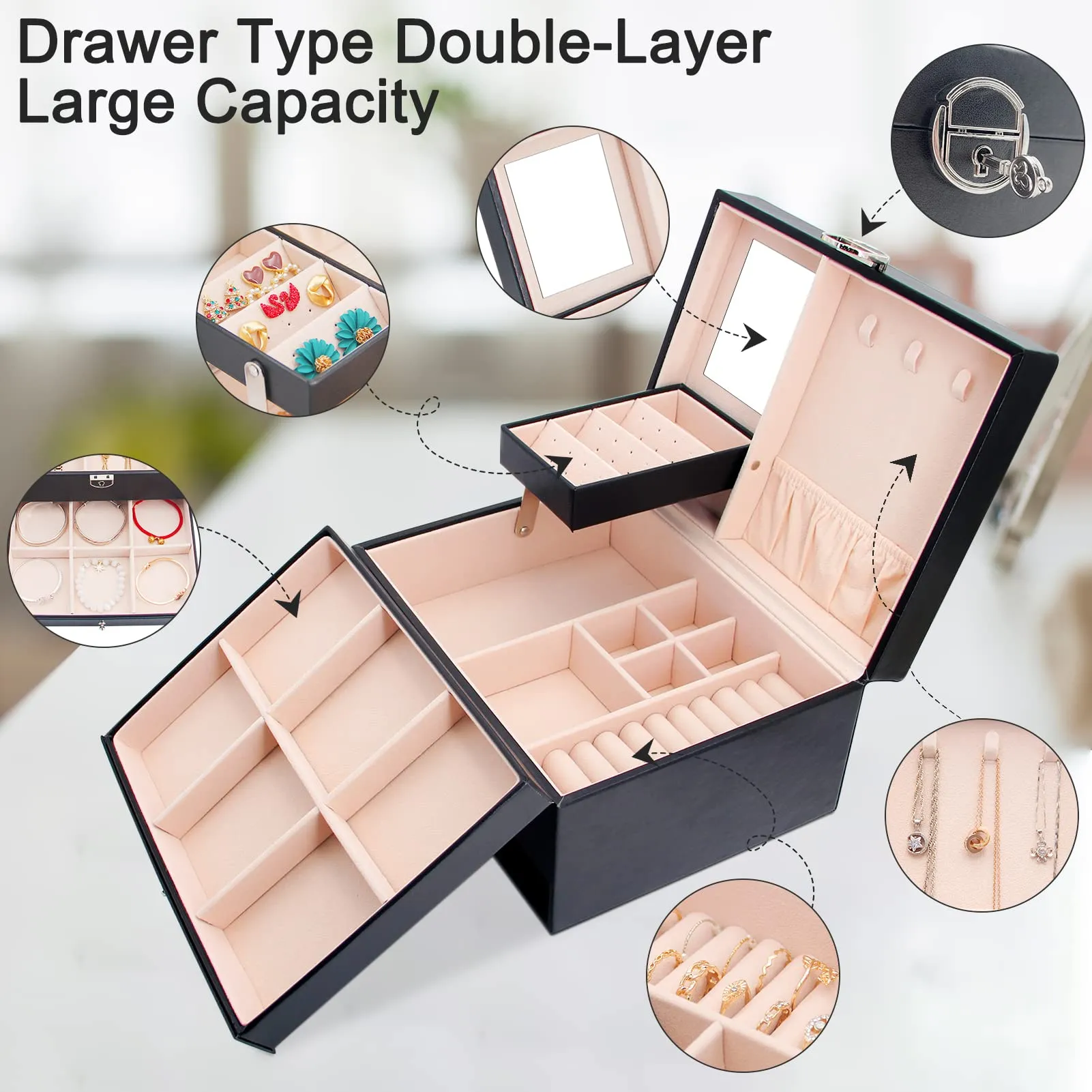 Casegrace Two layer Leather Jewelry Box Organizer With Lock Mirror for Women Girls Travel Case Display Storage