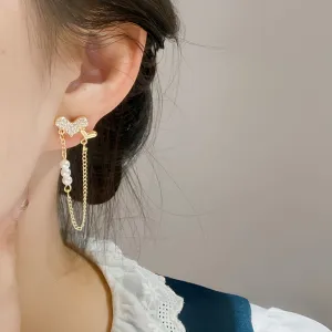 Crystal Heart Pearl Long Chain Tassel Earring