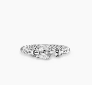 David Yurman 925 Sterling Silver Cable Buckle Ring with Pavé Diamonds