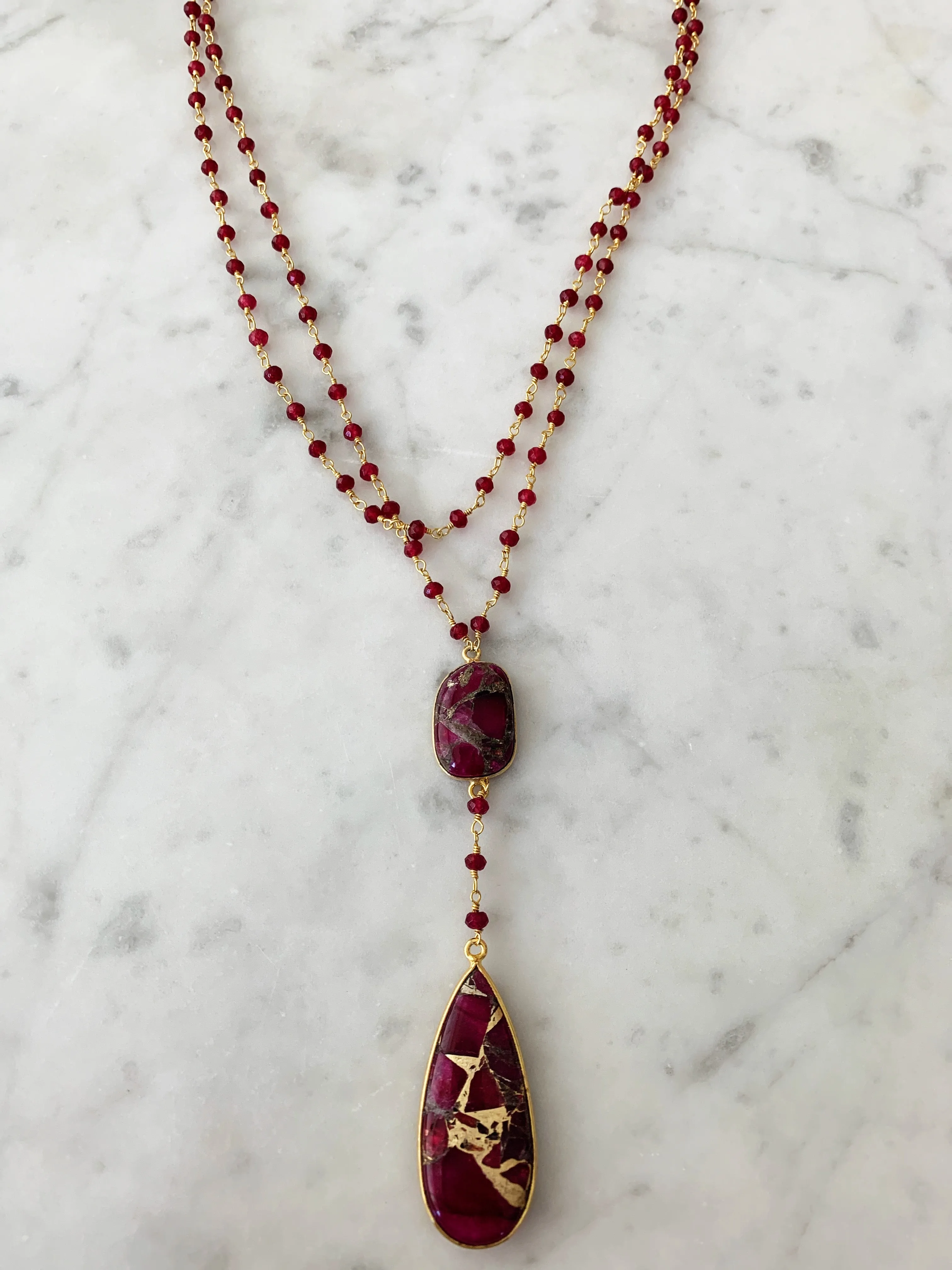 Double Diana Denmark Necklace in Ruby with Red Mojave Copper Turquoise Drop