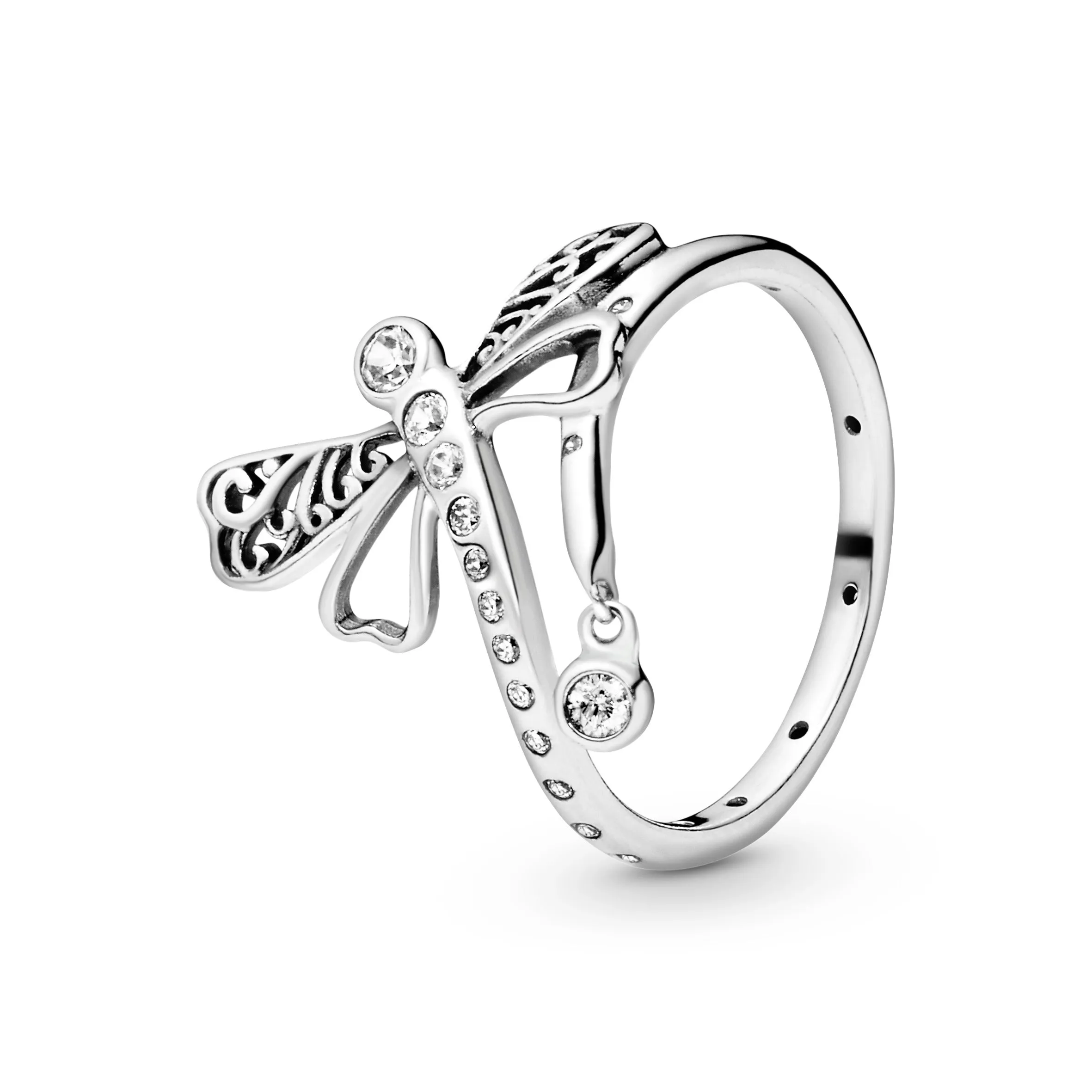 Dragonfly silver ring with clear cubic zirconia