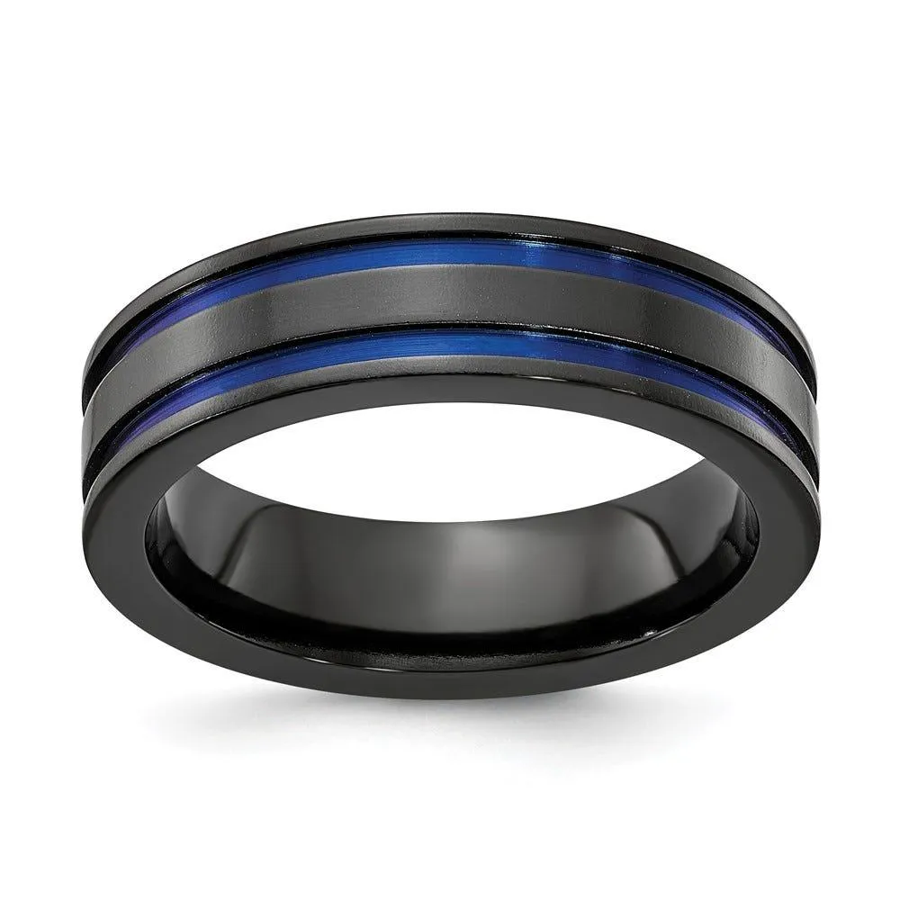 Edward Mirell Titanium Black Ti Grooved Blue Anodized 6mm Band