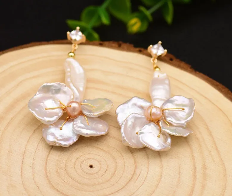 Exquisite Baroque Pearl Flower Drop Earrings