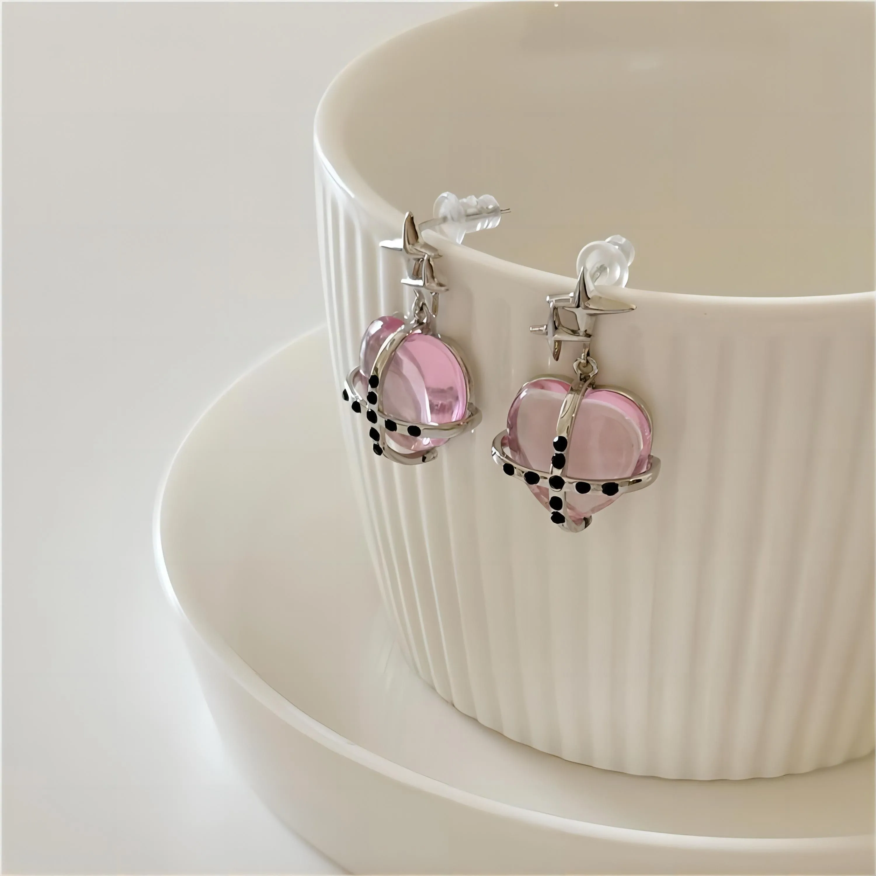 Exquisite Pink Star Heart Dangle Earrings