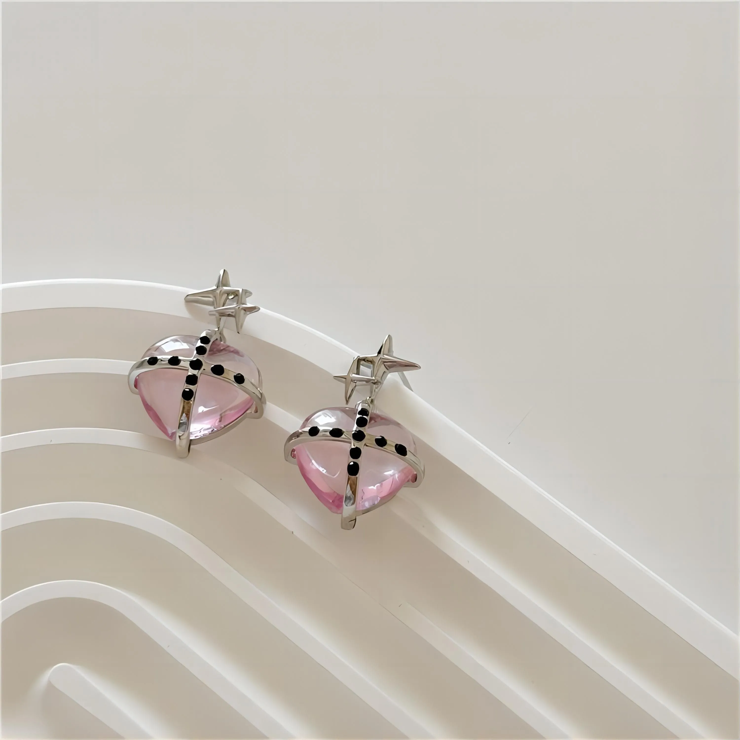 Exquisite Pink Star Heart Dangle Earrings