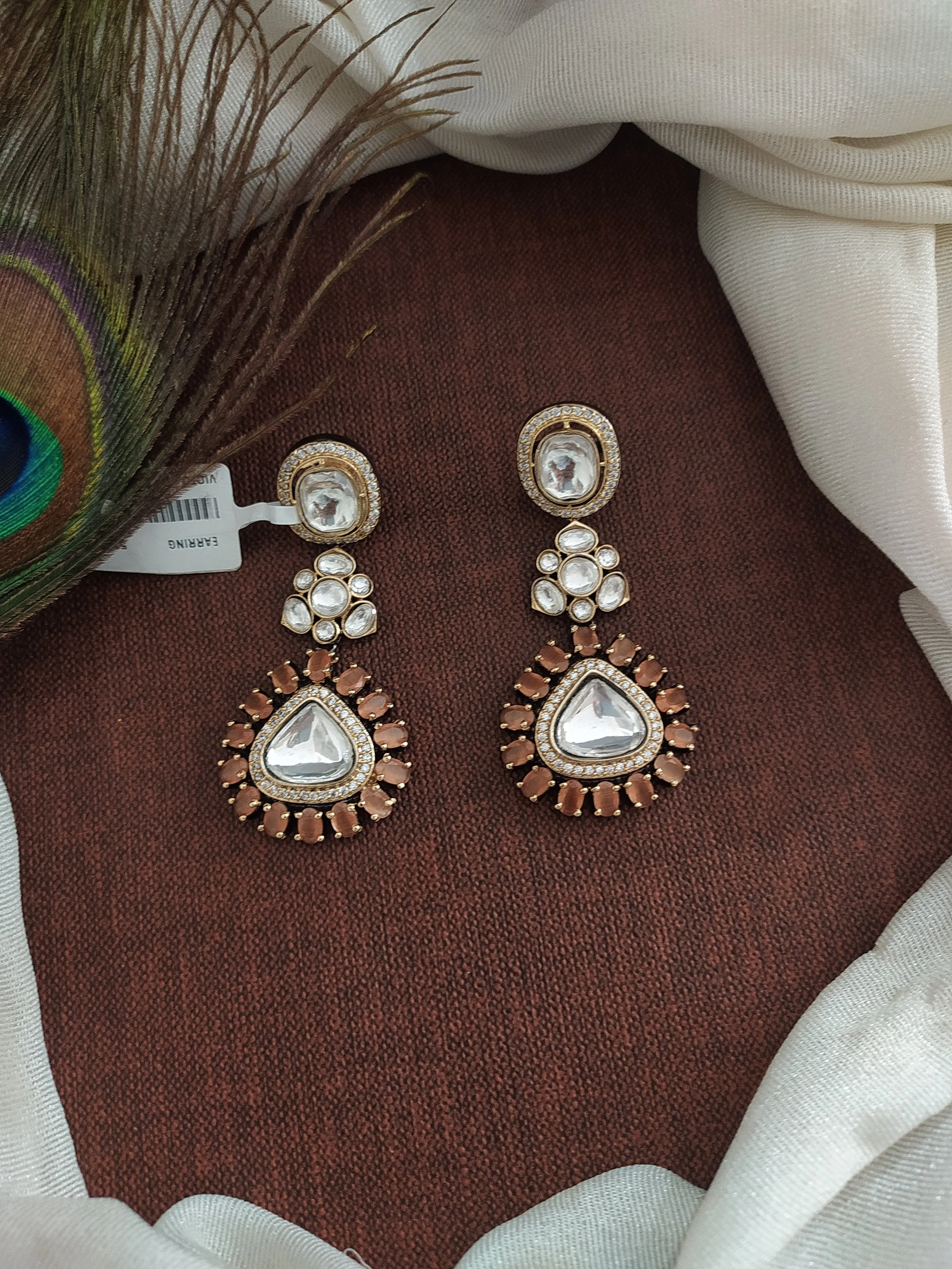 Exquisite Polki Kundan Peach Color Long Dangler Moissanite Earrings