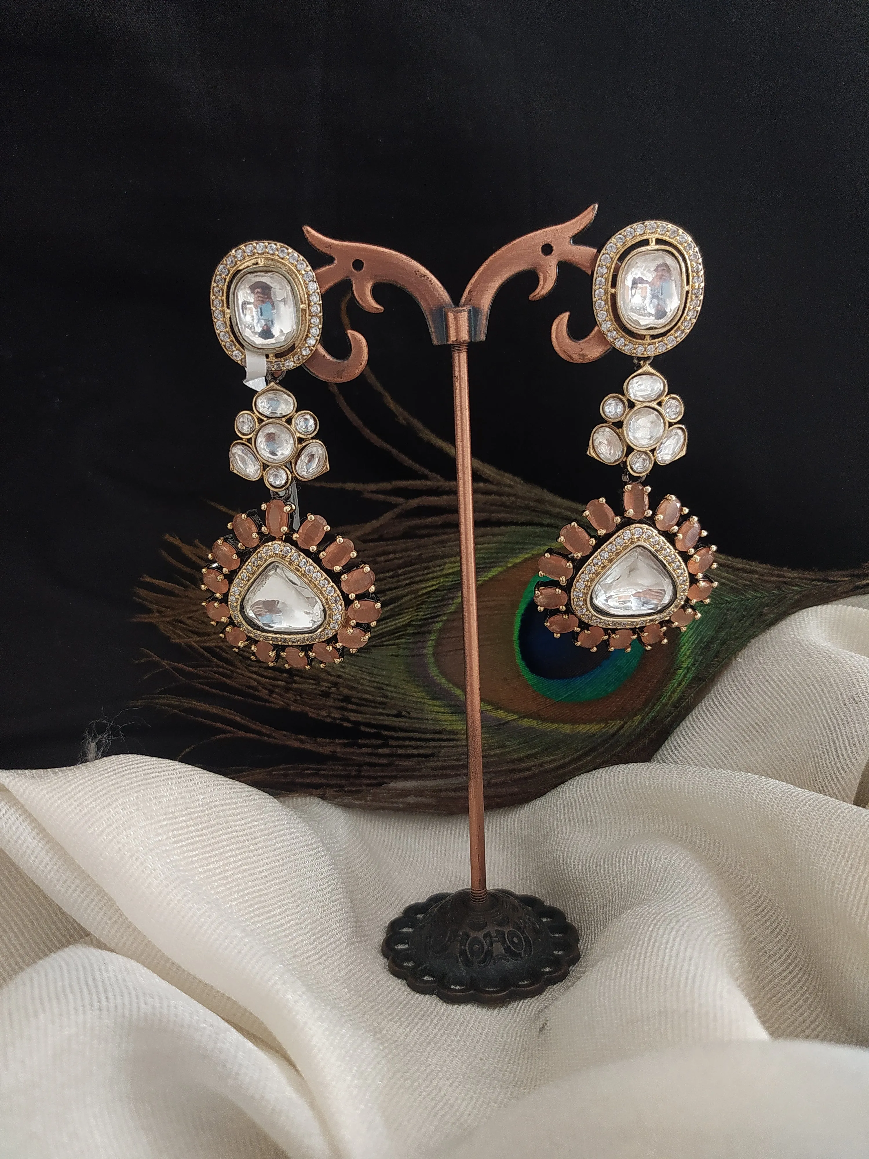 Exquisite Polki Kundan Peach Color Long Dangler Moissanite Earrings