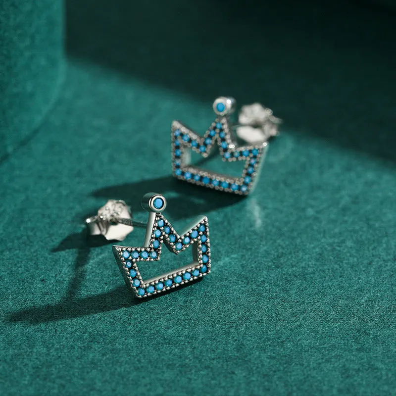 Exquisite S925 Sterling Silver Turquoise Retro Crown Earrings