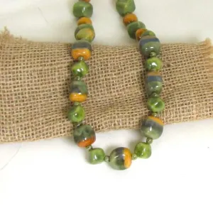 Fair Trade Bead Green & Mustard Cube Kazuri Necklace