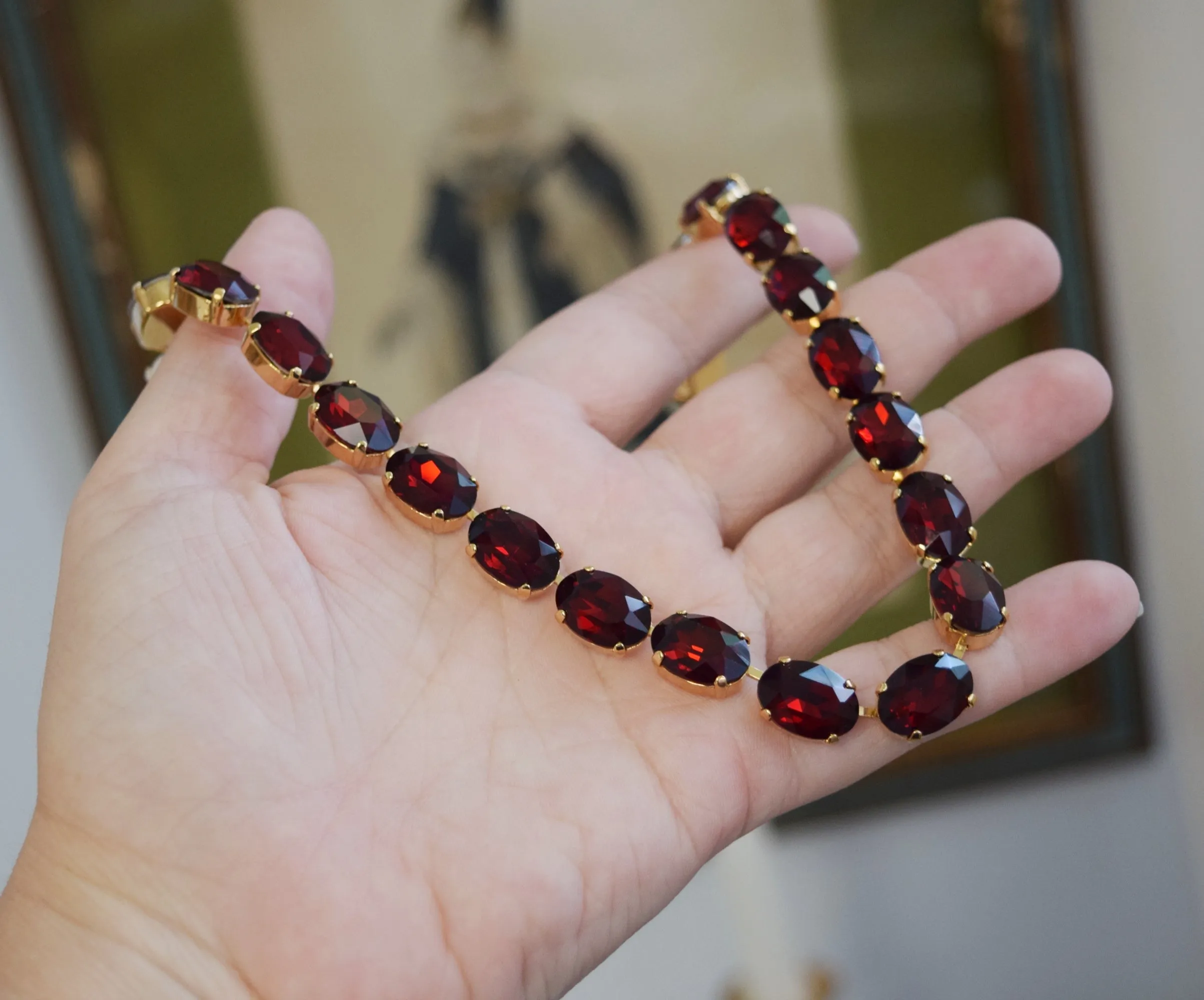 Garnet Red Aurora Crystal Collet Necklace - Medium Oval