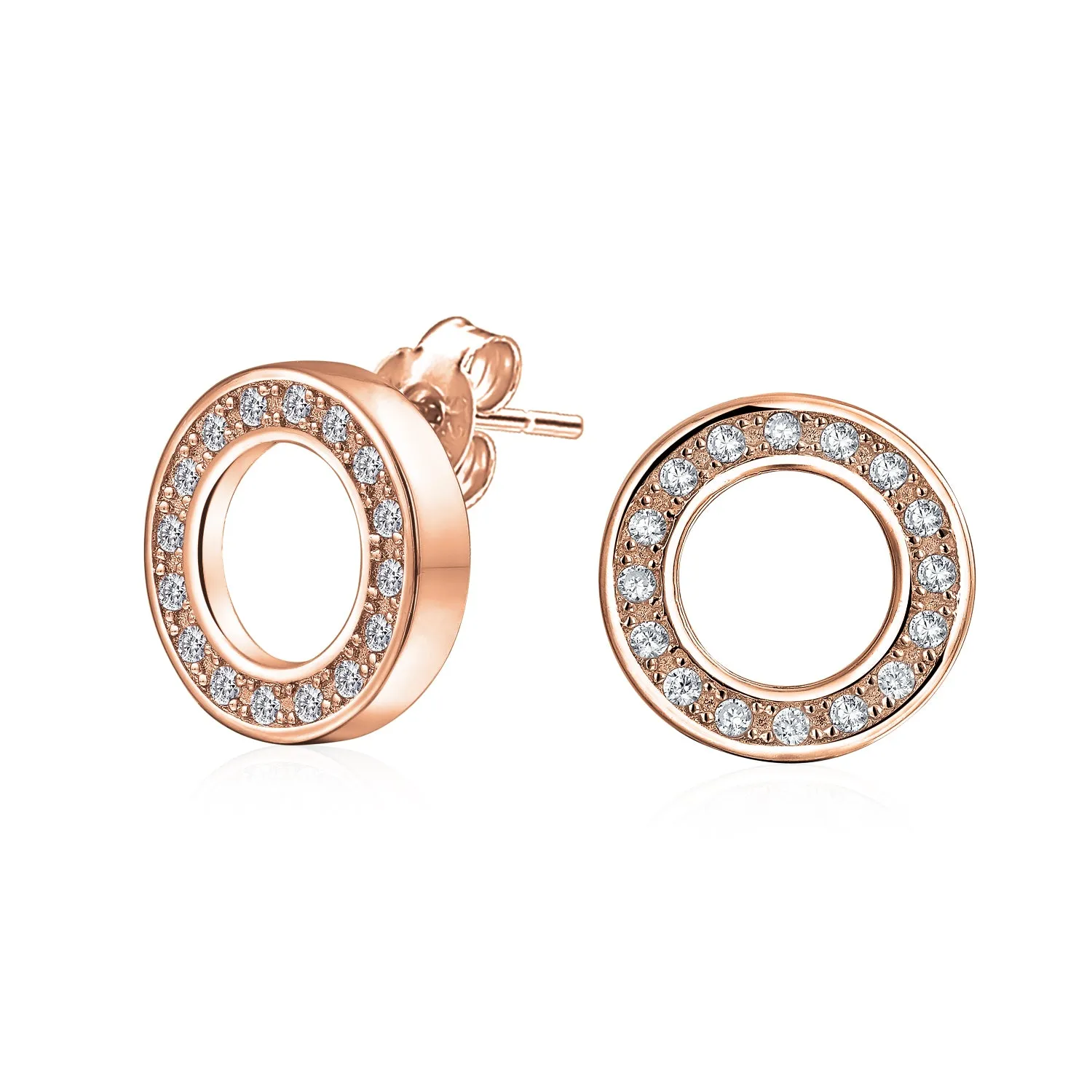 Geometric Pave CZ Stud Earrings, Open Circle Disc, Rose Gold Sterling Silver