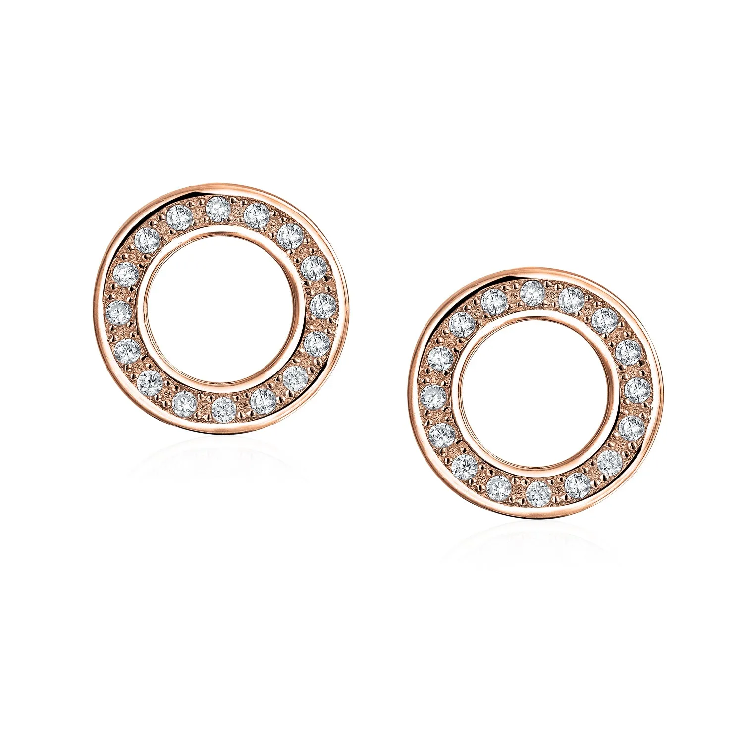 Geometric Pave CZ Stud Earrings, Open Circle Disc, Rose Gold Sterling Silver