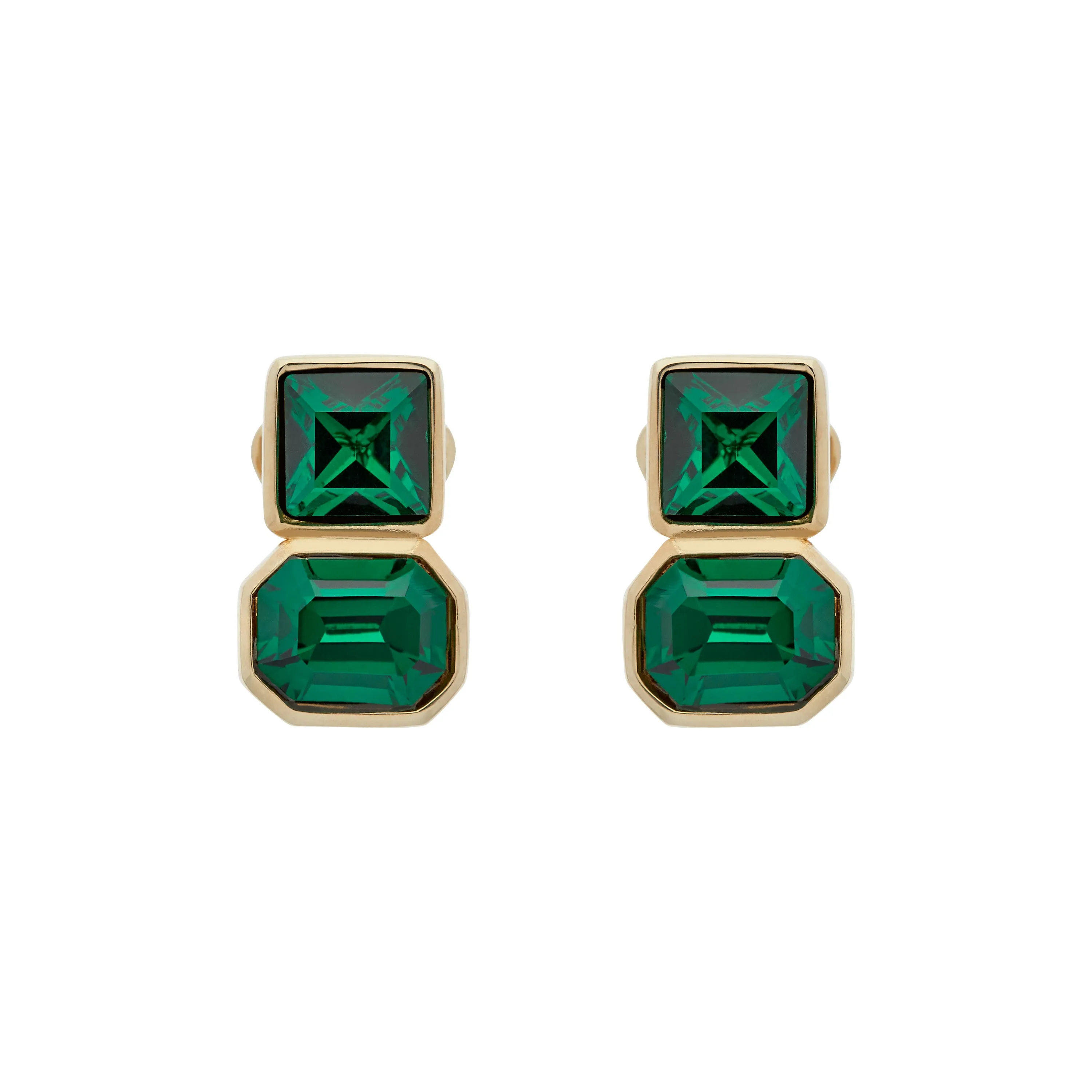 Gold & Emerald Double Crystal Clip Earrings