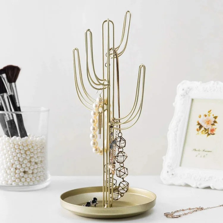 Gold Metal Jewelry Tower Rack with Ring Tray, Cactus-Shaped Jewelry Storage Holder Stand