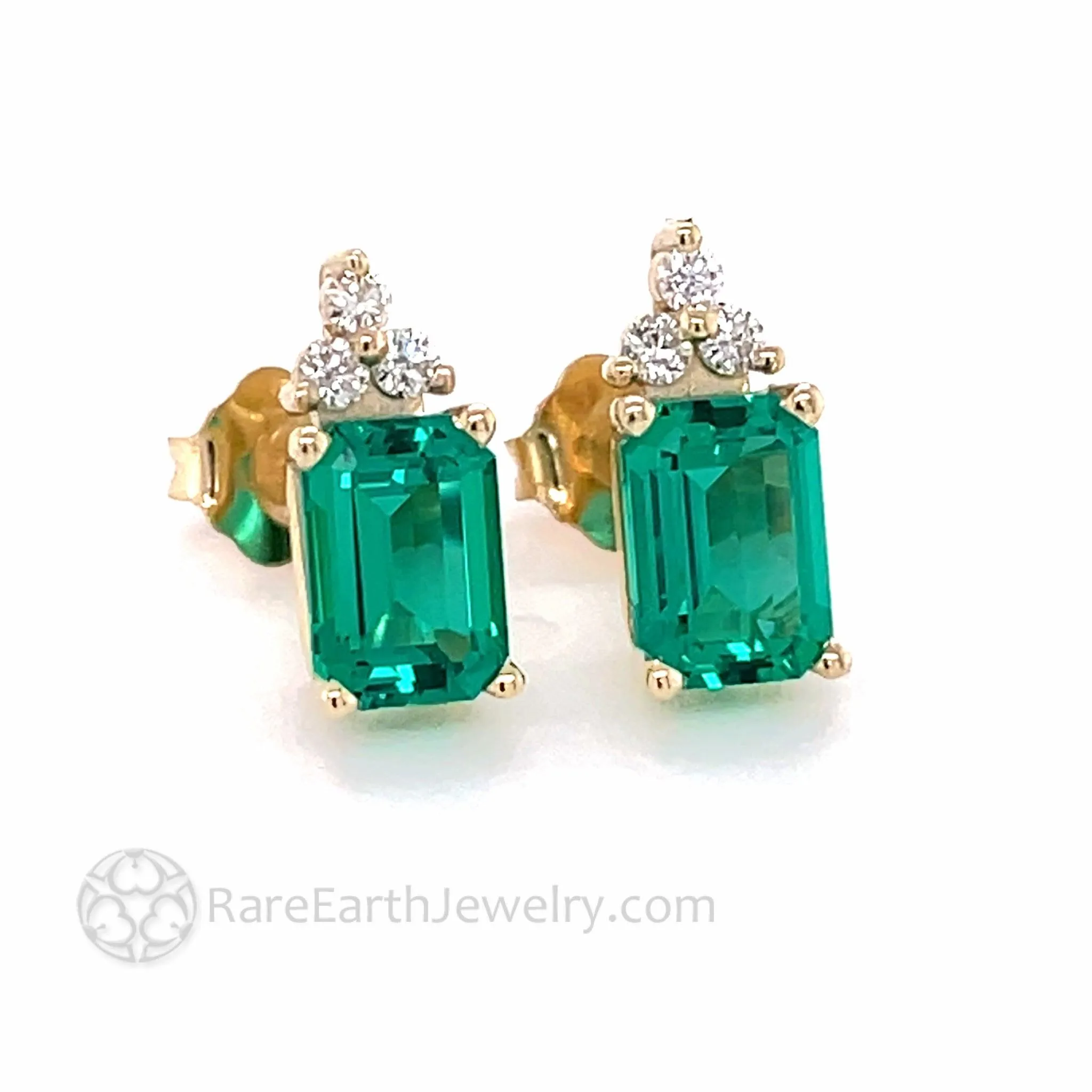 Green Emerald Earrings with Diamonds Emerald Cut Studs in 14K Gold