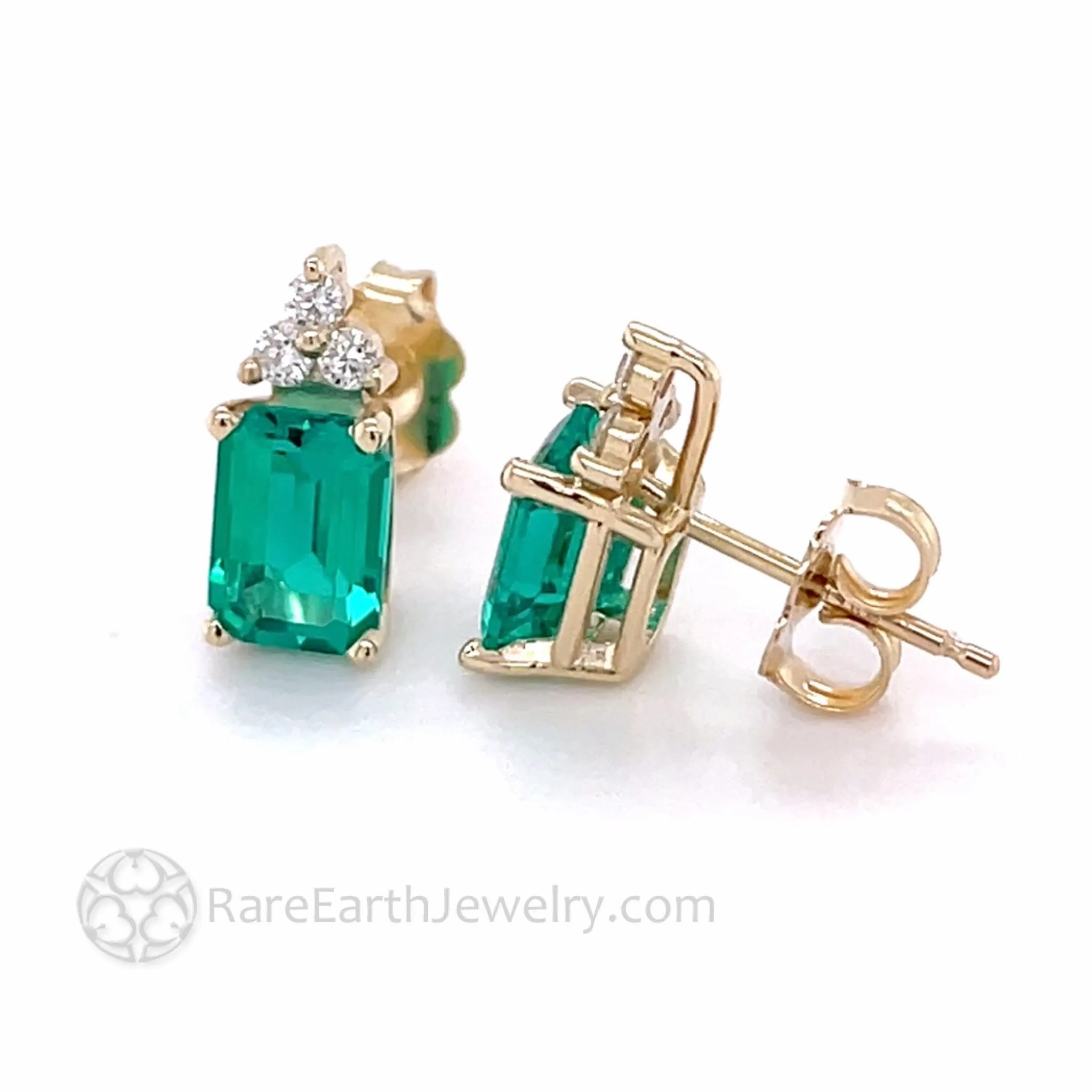 Green Emerald Earrings with Diamonds Emerald Cut Studs in 14K Gold