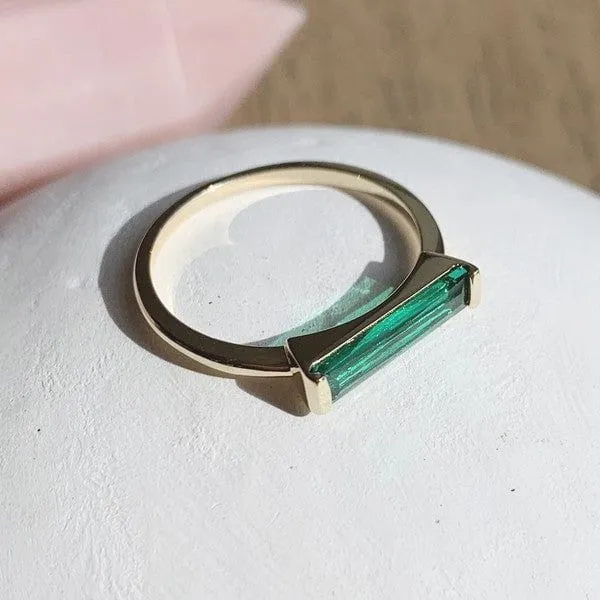 Green Long Crystal Baguette Ring