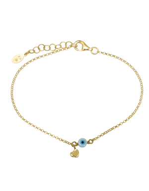 Gregio Tiny Shiny Bracelet w/ Heart & Evil Eye - Gold