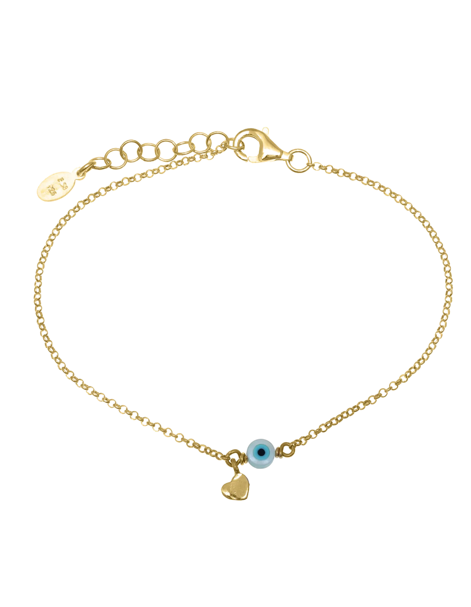 Gregio Tiny Shiny Bracelet w/ Heart & Evil Eye - Gold