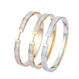 H Mother of Pearl Bangle Bracelet Stainless Steel, 17cm