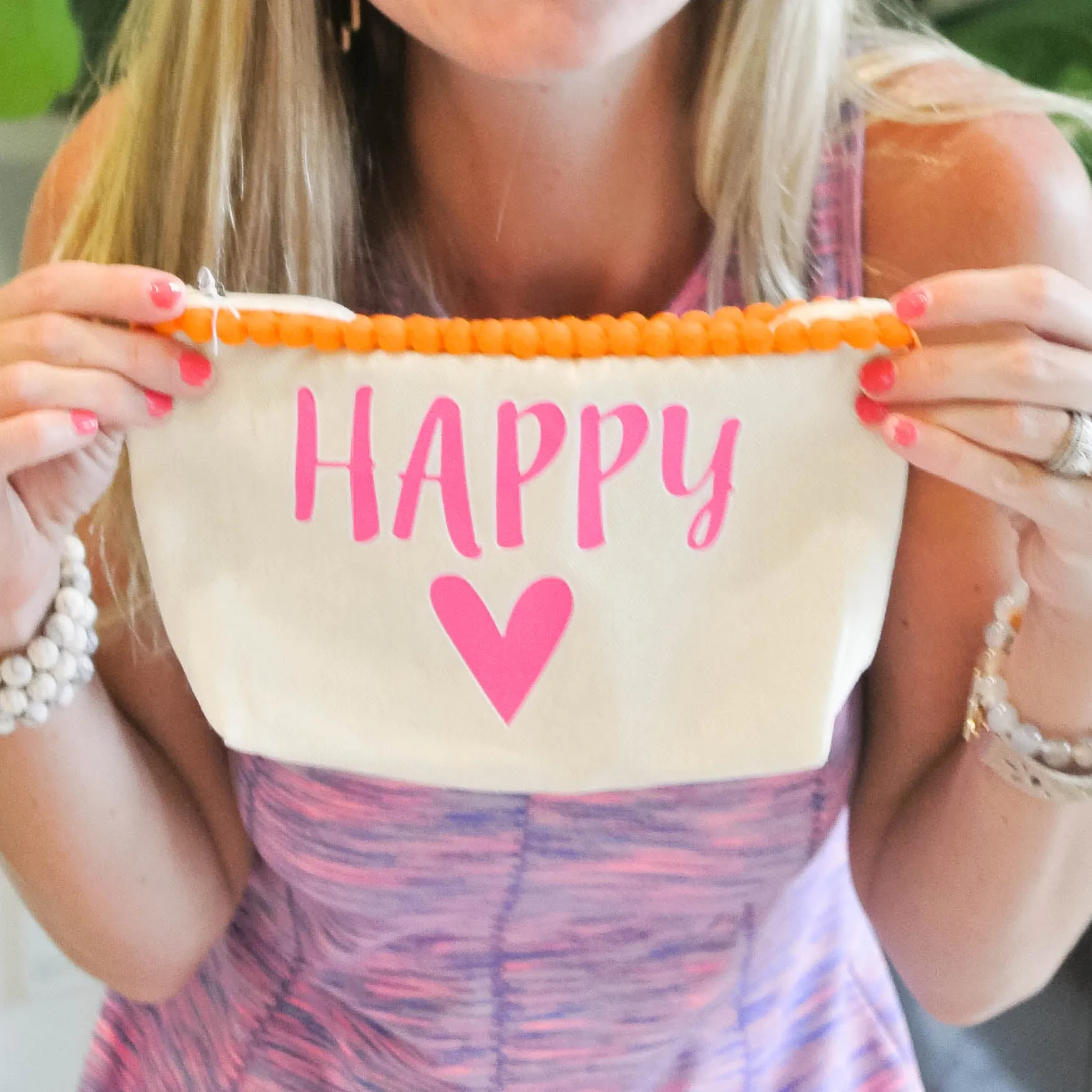 Happy Heart Canvas Everything Bag with Pom Poms