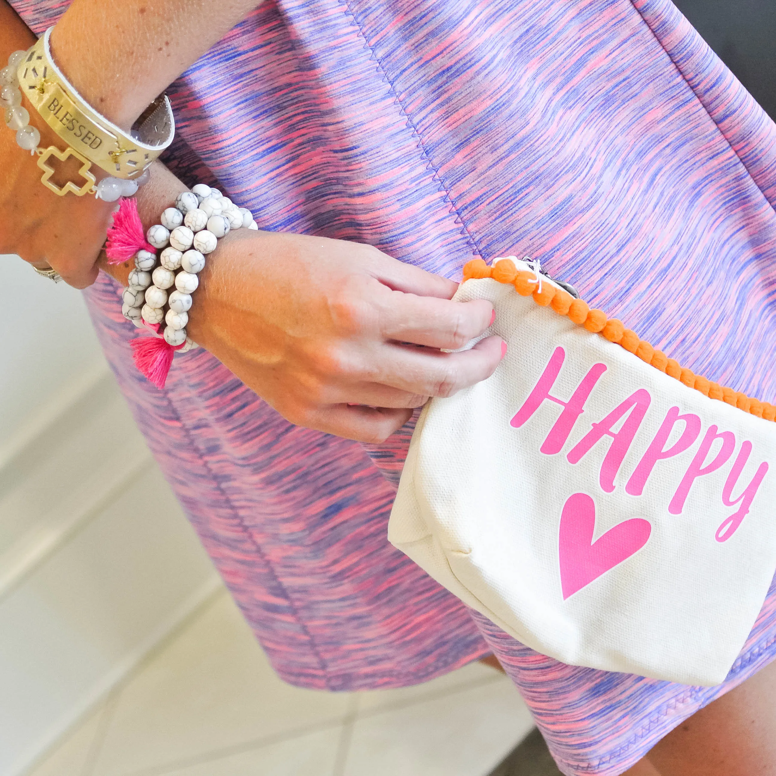 Happy Heart Canvas Everything Bag with Pom Poms