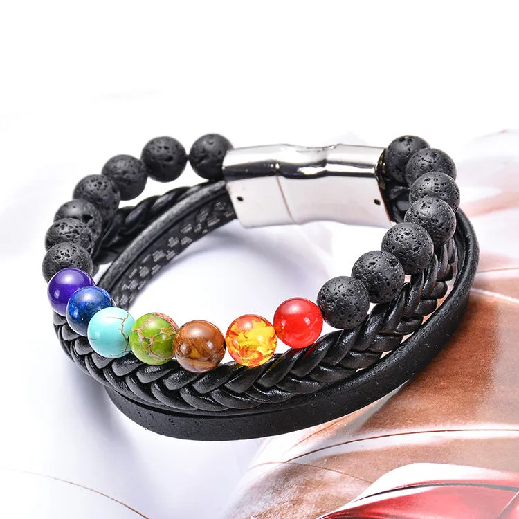 Lava Stone Leather Bracelet Colorful Natural Stone Yoga Magnet Buck