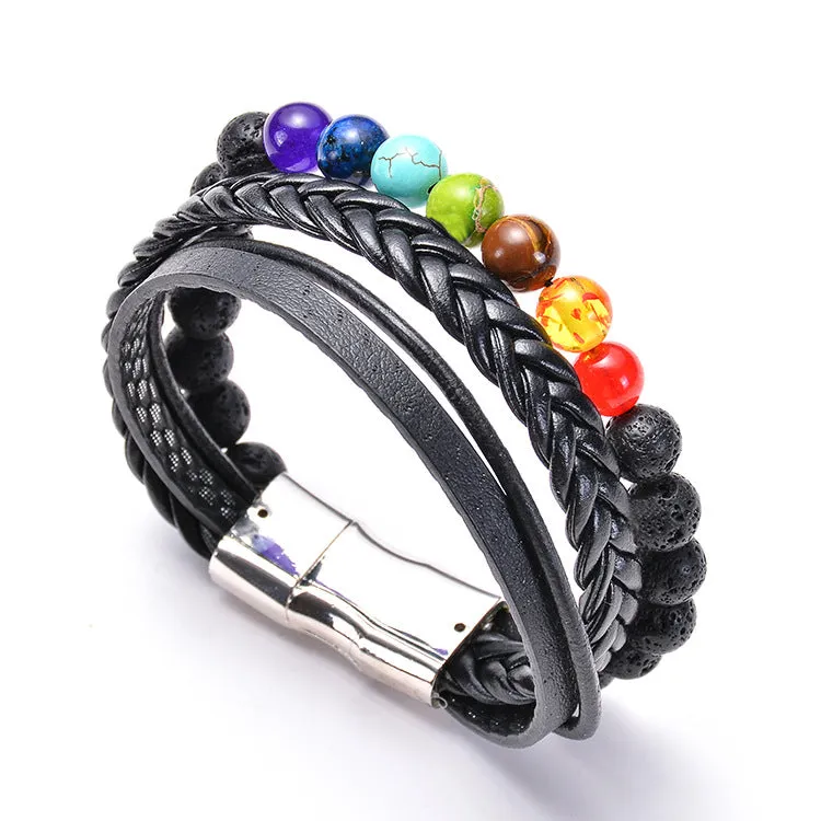 Lava Stone Leather Bracelet Colorful Natural Stone Yoga Magnet Buck