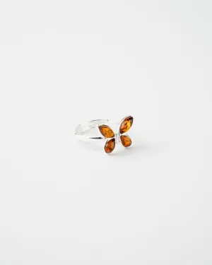 Luxurious Subtle Butterfly Adjustable Ring - Sterling Silver & Amber