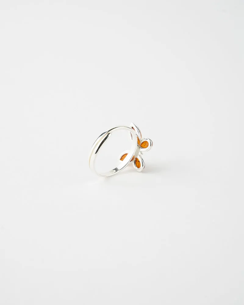 Luxurious Subtle Butterfly Adjustable Ring - Sterling Silver & Amber