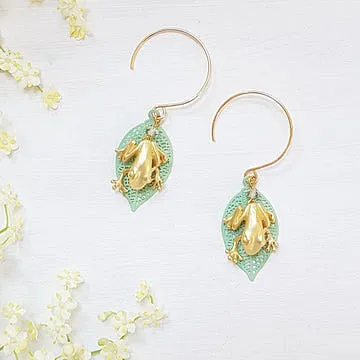 Melanie Hand Earrings - Frog and Green Leaf