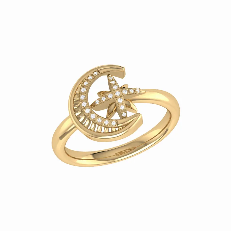 Moon-Cradled Star Diamond Ring in 14K Yellow Gold Vermeil on Sterling Silver