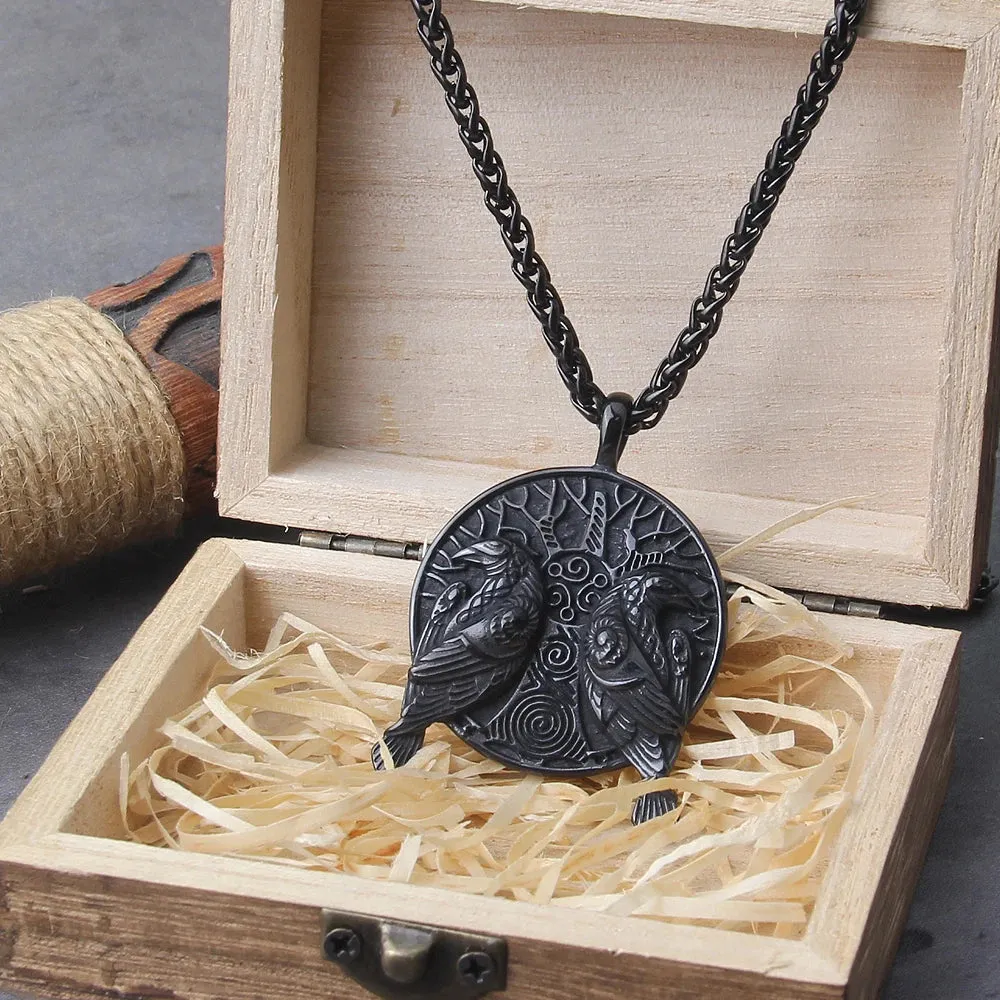 Norse Black Odin Huginn And Muninn Raven Pendant Viking Necklace