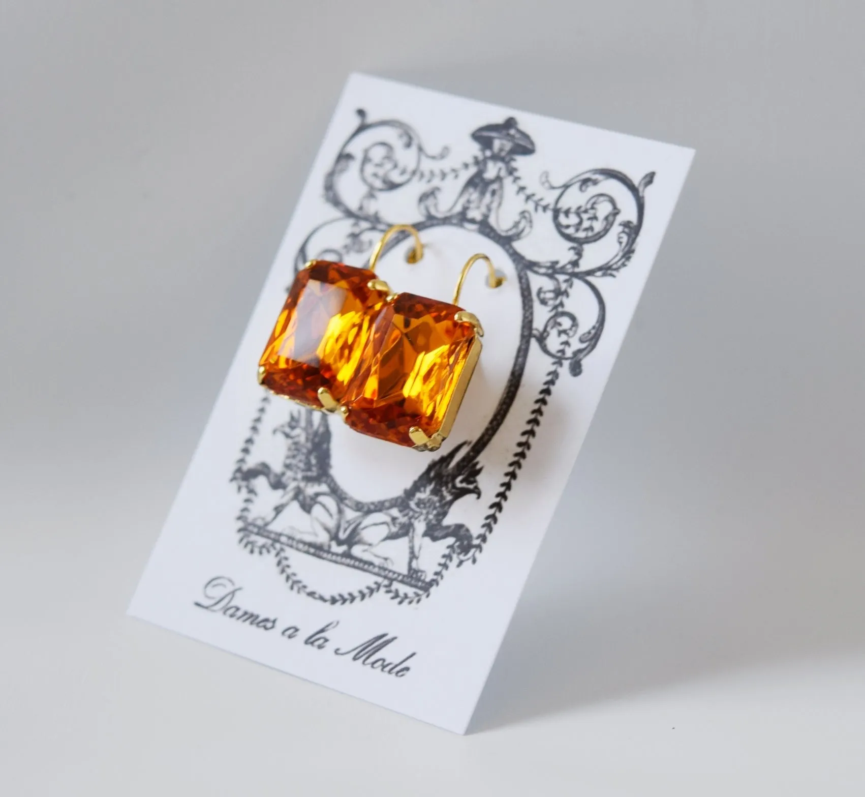 Orange Topaz Crystal Earrings - Large Octagon